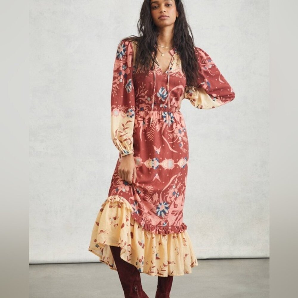 Anthropologie Othilia Carmela Maxi Dress Long Sleeve Cotton Boho, Size S